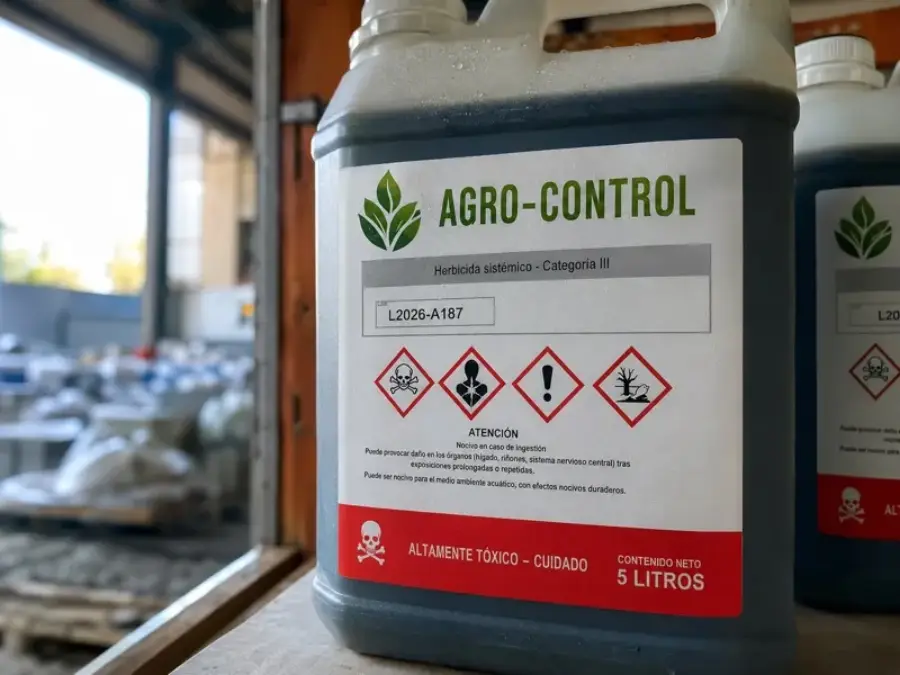 Bidón AGRO-CONTROL de 5 litros con etiqueta autoadhesiva con pictogramas GHS y banda toxicológica roja