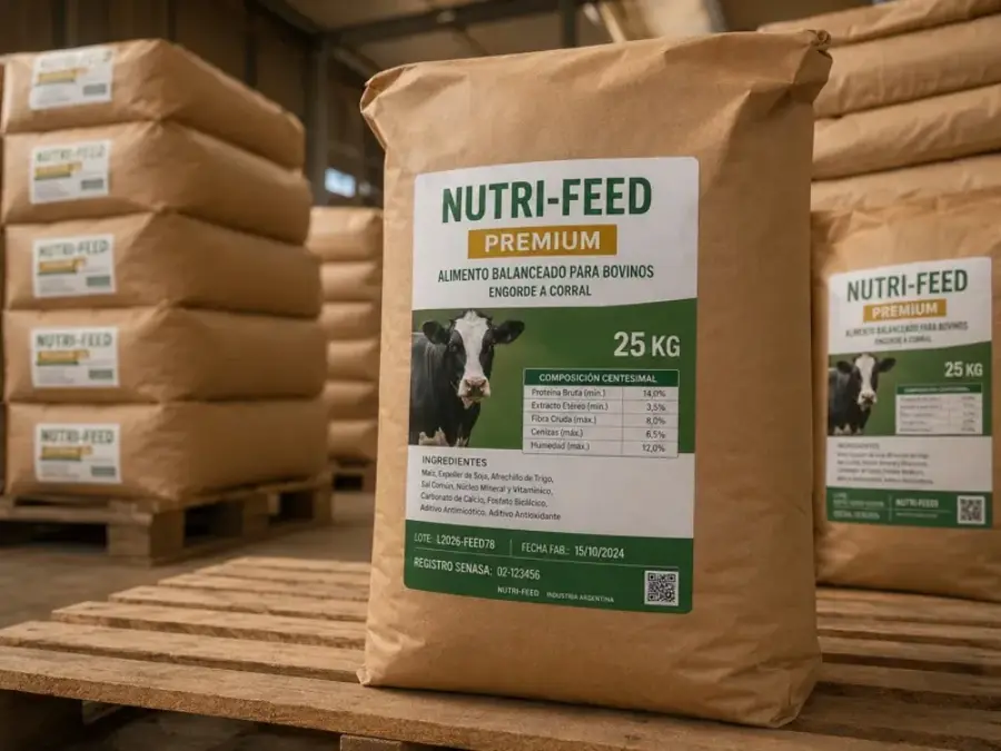 Bolsa NUTRI-FEED PREMIUM de 25 kg de alimento balanceado para bovinos con tabla nutricional y registro SENASA
