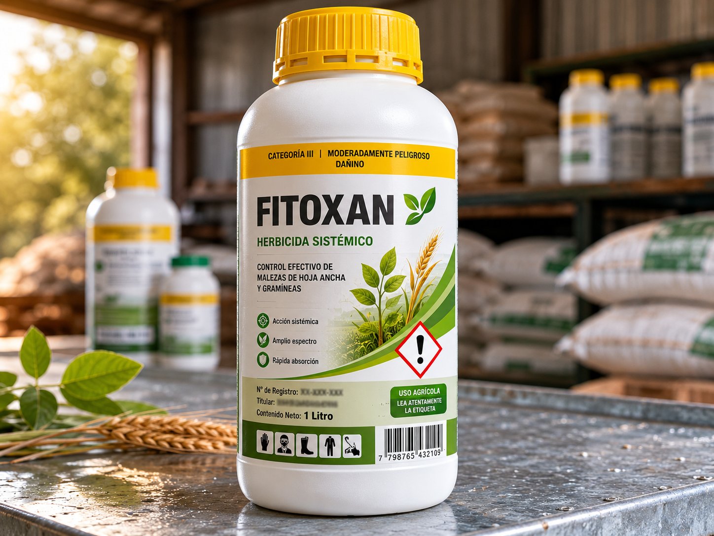 Envase de agroquímico FITOXAN con etiqueta resistente sobre superficie metálica en galpón rural