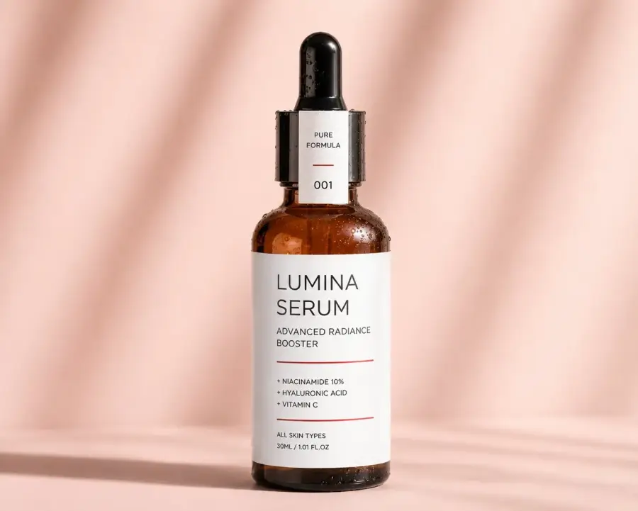Etiqueta autoadhesiva en frasco de serum cosmético