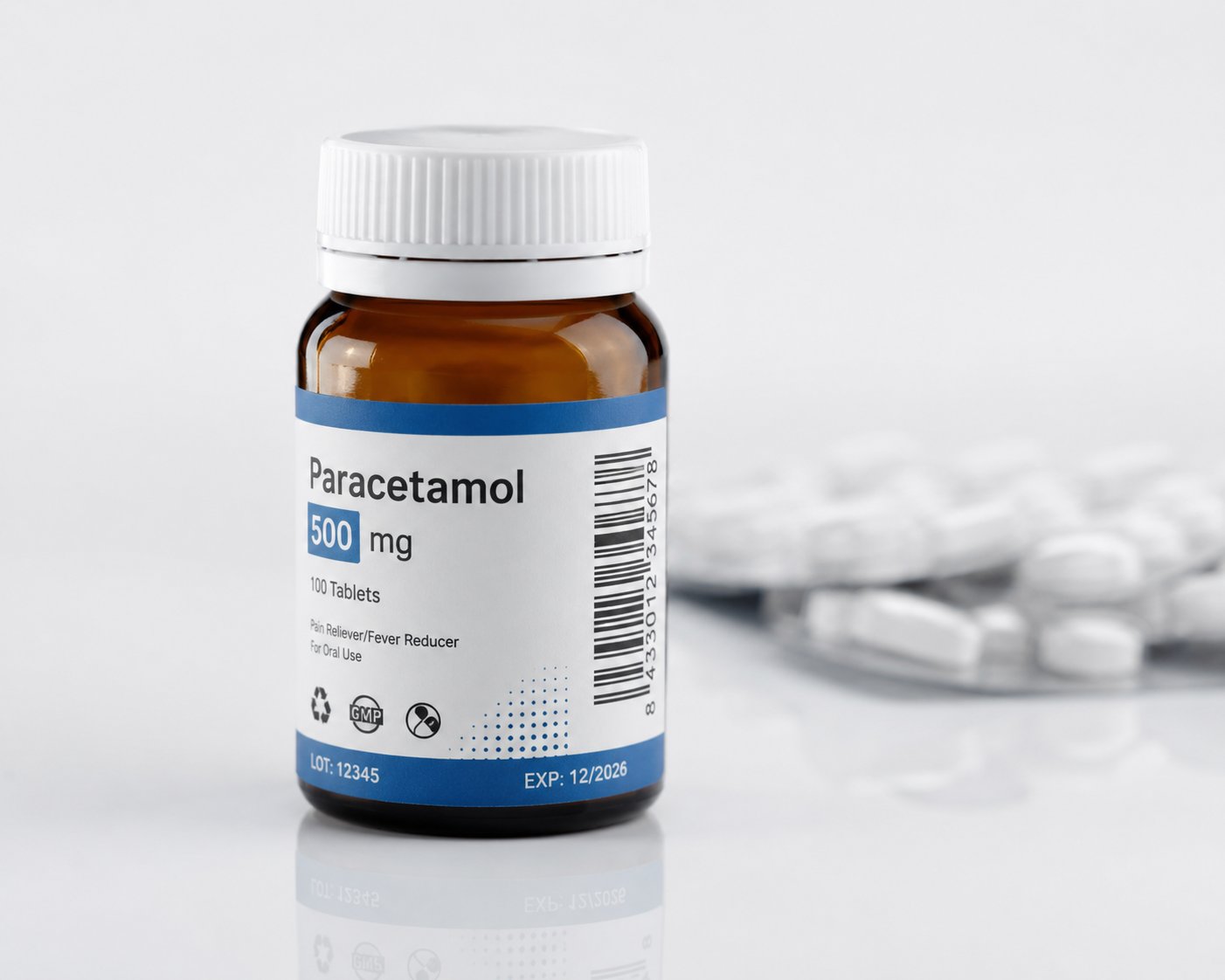 Etiqueta autoadhesiva farmacéutica en frasco de Paracetamol