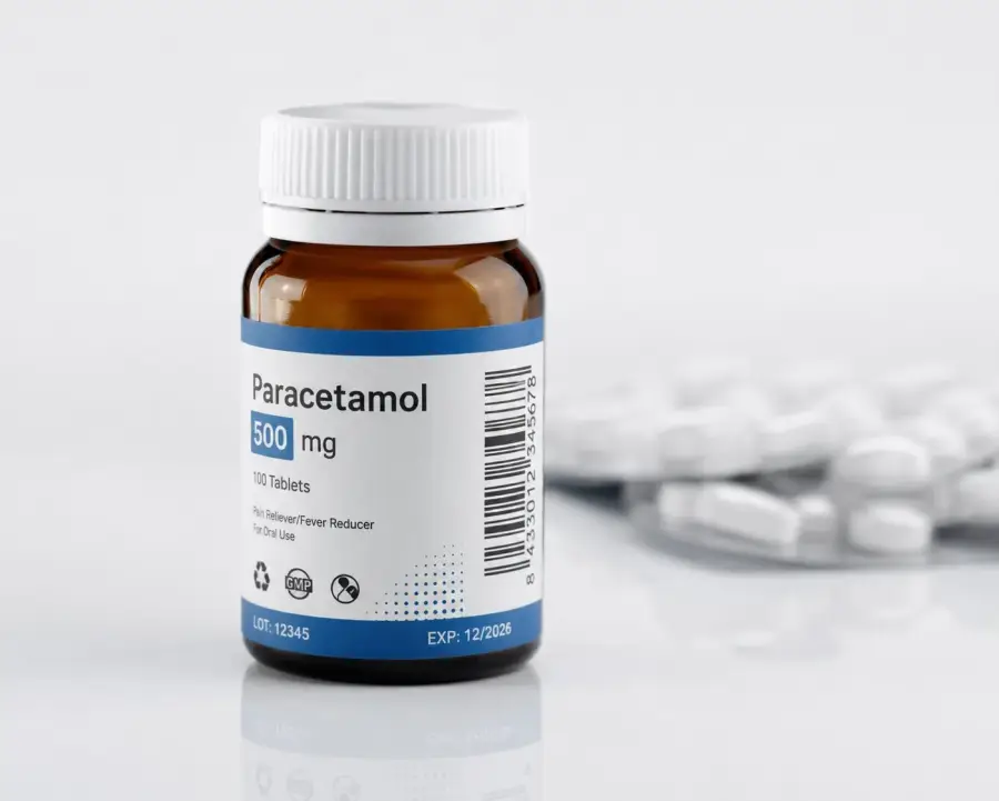 Etiqueta autoadhesiva farmacéutica en frasco de Paracetamol