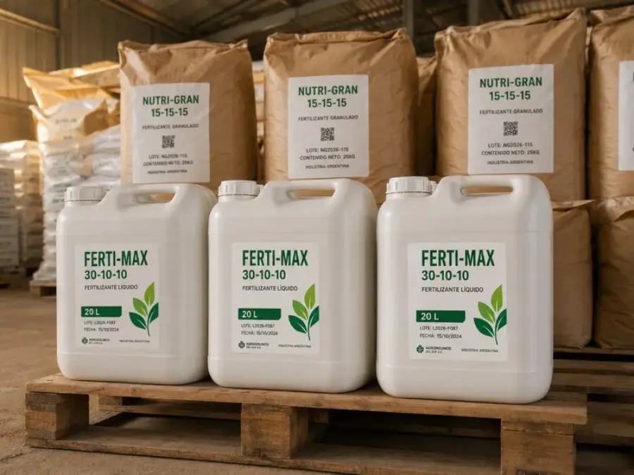Bidones FERTI-MAX de 20 litros y bolsas NUTRI-GRAN de fertilizante con etiquetas autoadhesivas