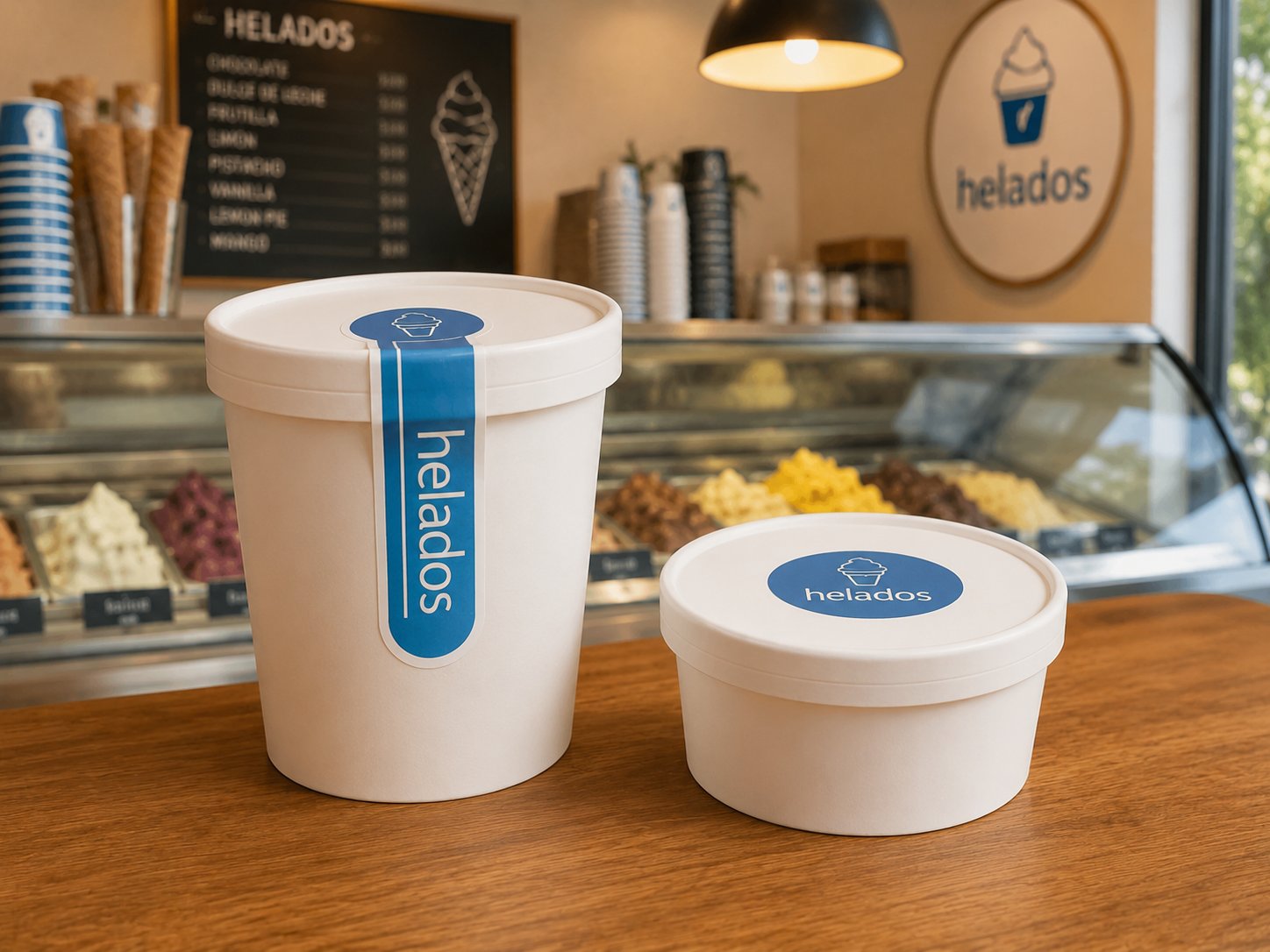 Potes de helado con etiquetas autoadhesivas azules en heladería