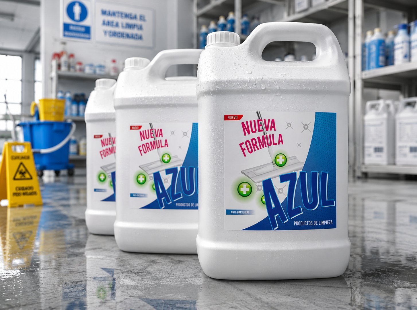 Bidones AZUL de productos de limpieza con etiquetas autoadhesivas en planta industrial