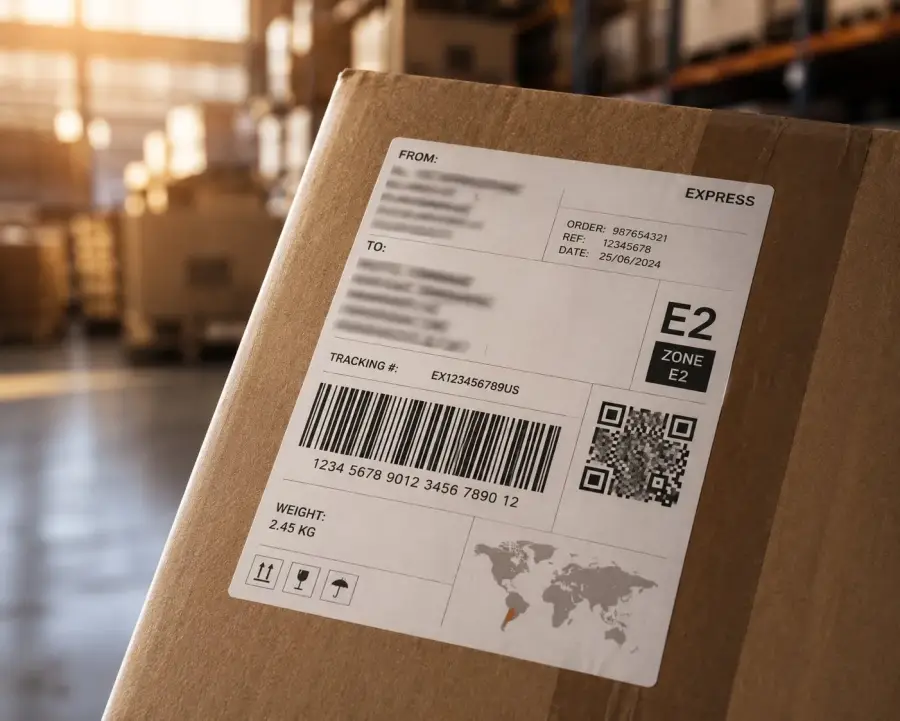 Etiqueta de envío con código de barras y QR en caja de cartón