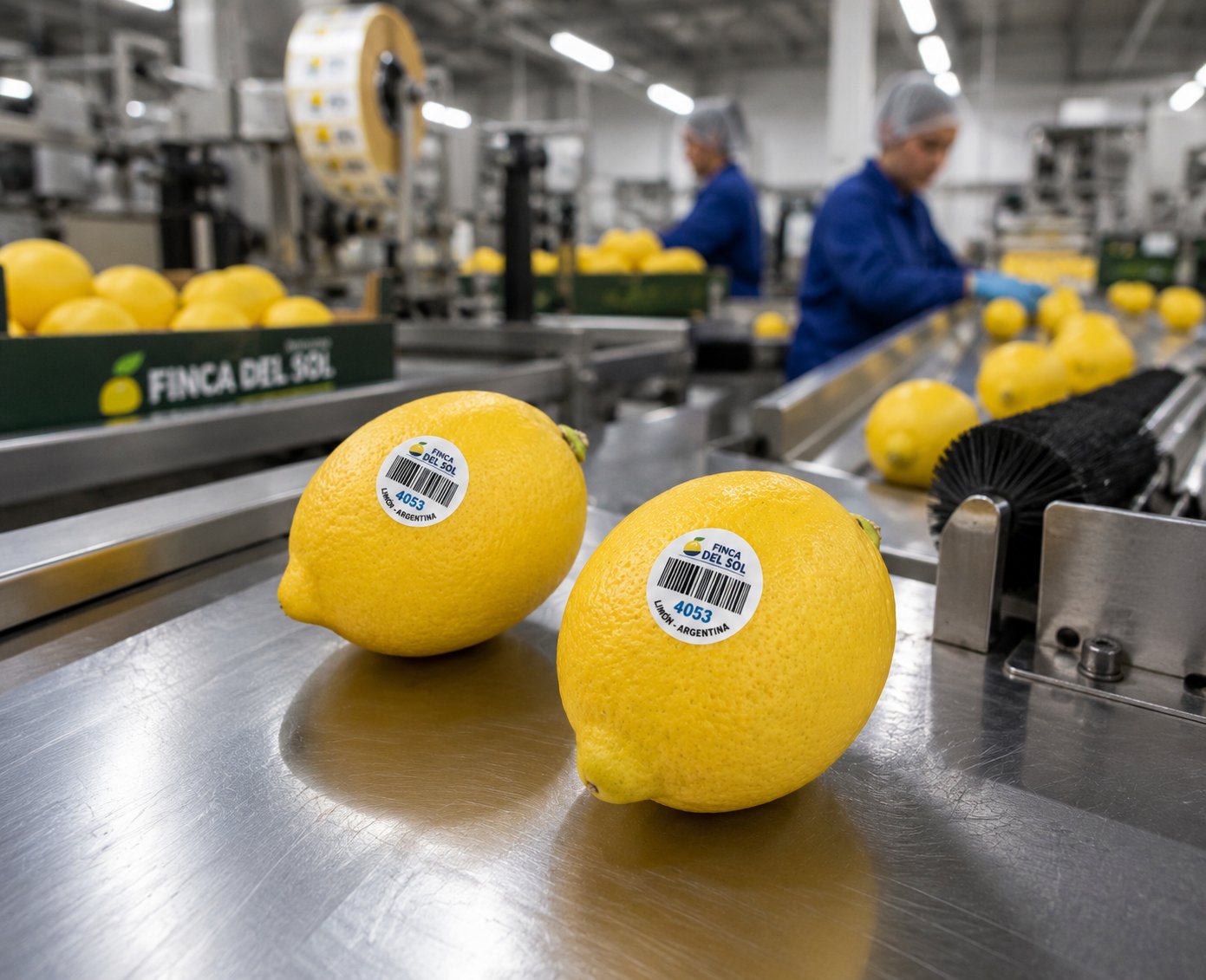 Línea de producción industrial con limones etiquetados con stickers PLU Finca del Sol