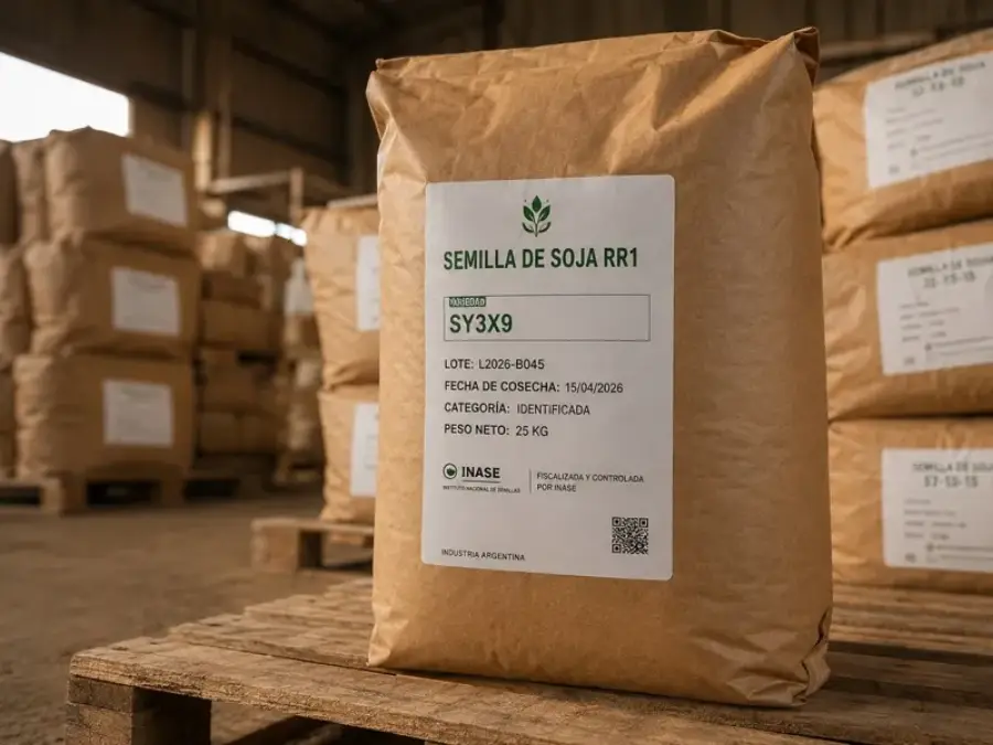 Bolsa de 25 kg de SEMILLA DE SOJA RR1 con etiqueta INASE, lote y QR