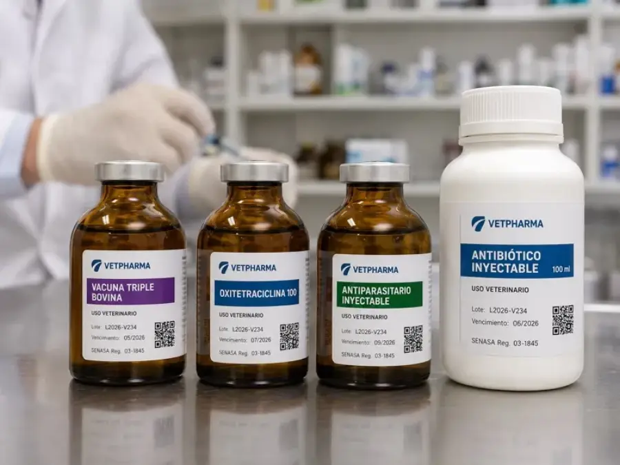 Frascos VETPHARMA de vacuna triple bovina, oxitetraciclina y antiparasitario con etiquetas autoadhesivas con QR