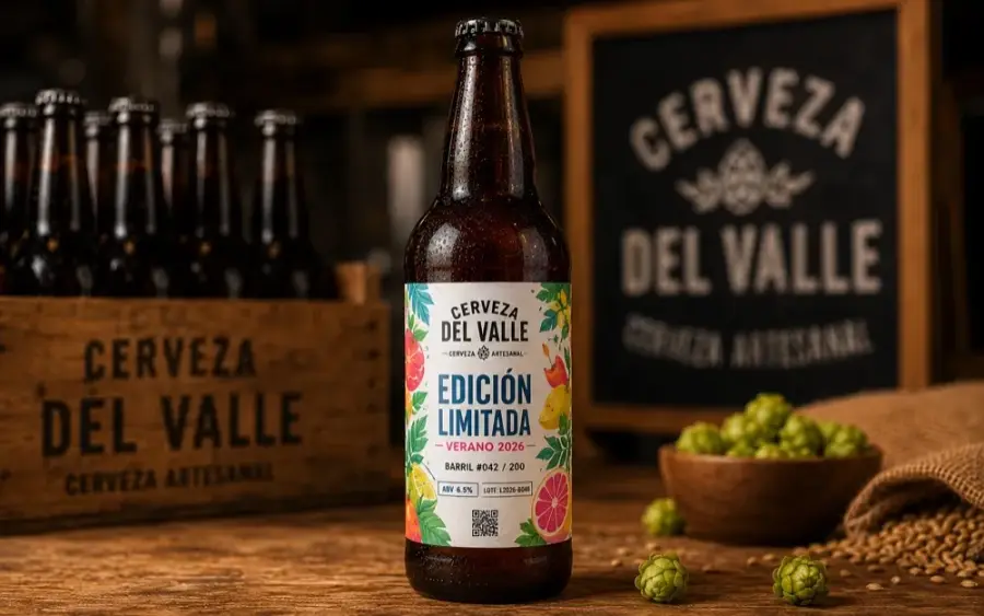 Botella de cerveza Edición Limitada Verano 2026 con etiqueta autoadhesiva colorida en CMYK
