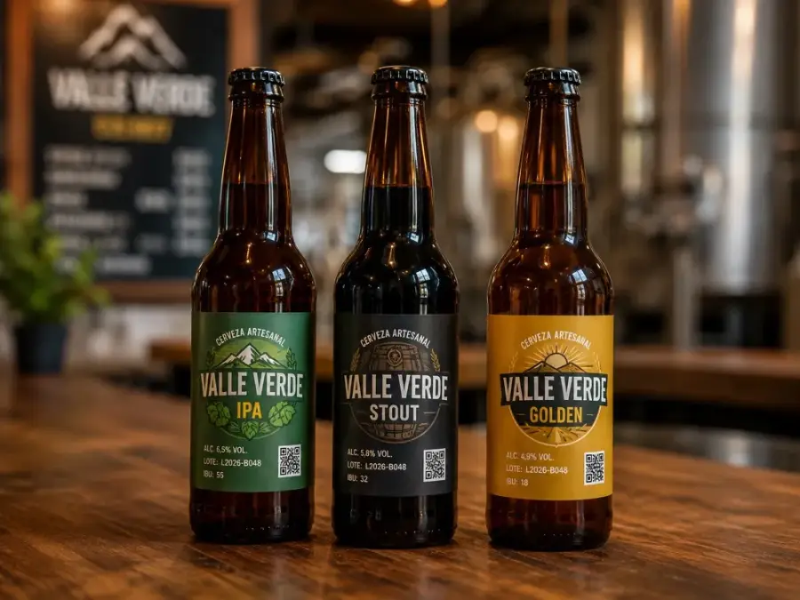 Botellas de cerveza artesanal Valle Verde IPA, Stout y Golden con etiquetas autoadhesivas terminadas