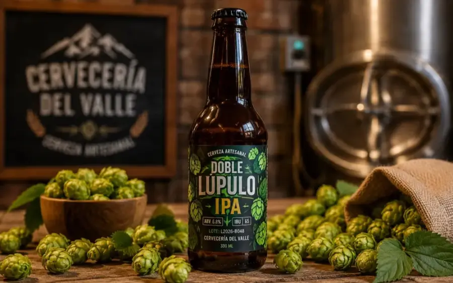 Botella de cerveza artesanal Doble Lúpulo IPA con etiqueta autoadhesiva y conos de lúpulo