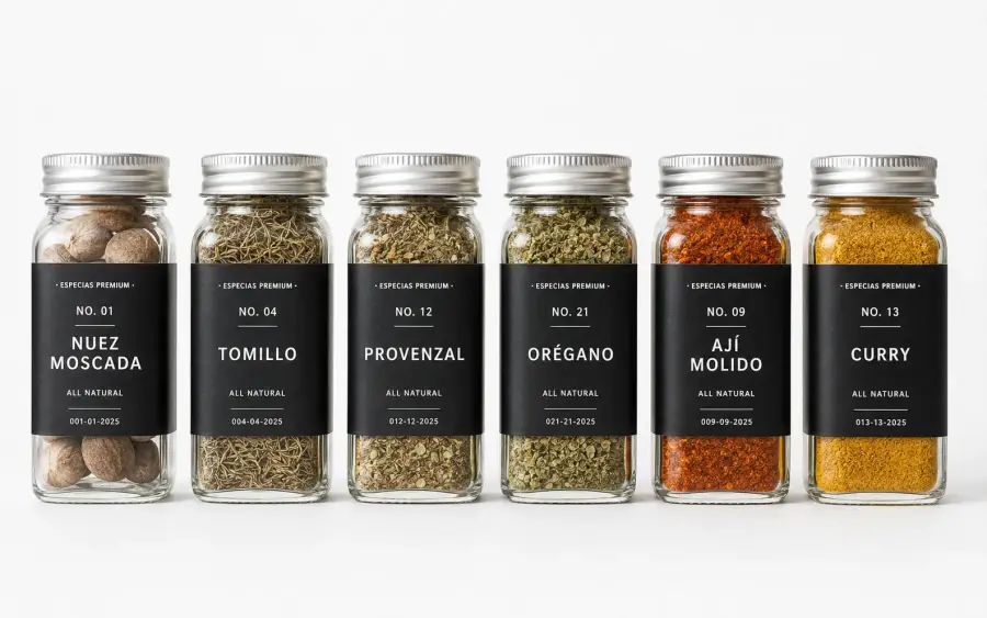 6 frascos chicos de especias premium estilo línea minimalista — nuez moscada, tomillo, provenzal, orégano, ají molido, curry