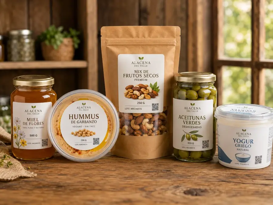 Surtido gourmet artesanal — miel, hummus, frutos secos, aceitunas y yogur con etiquetas autoadhesivas