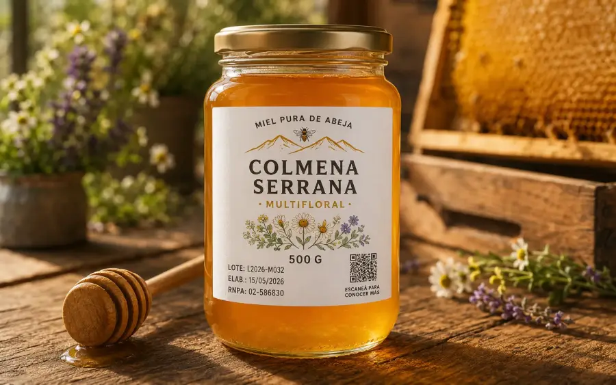 Frasco de miel Colmena Serrana 500g multifloral con etiqueta autoadhesiva y QR