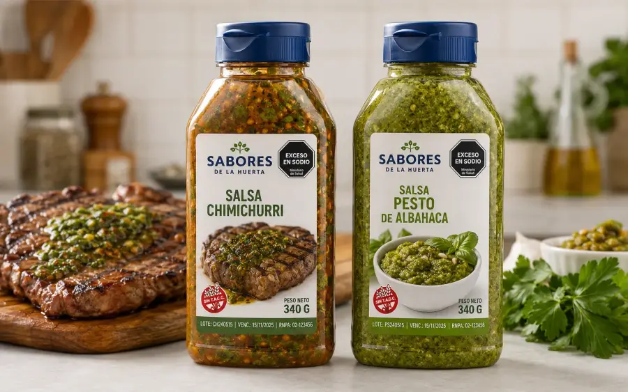 Botellas plásticas de salsa chimichurri y pesto Sabores de la Huerta 340g con sello Exceso en Sodio