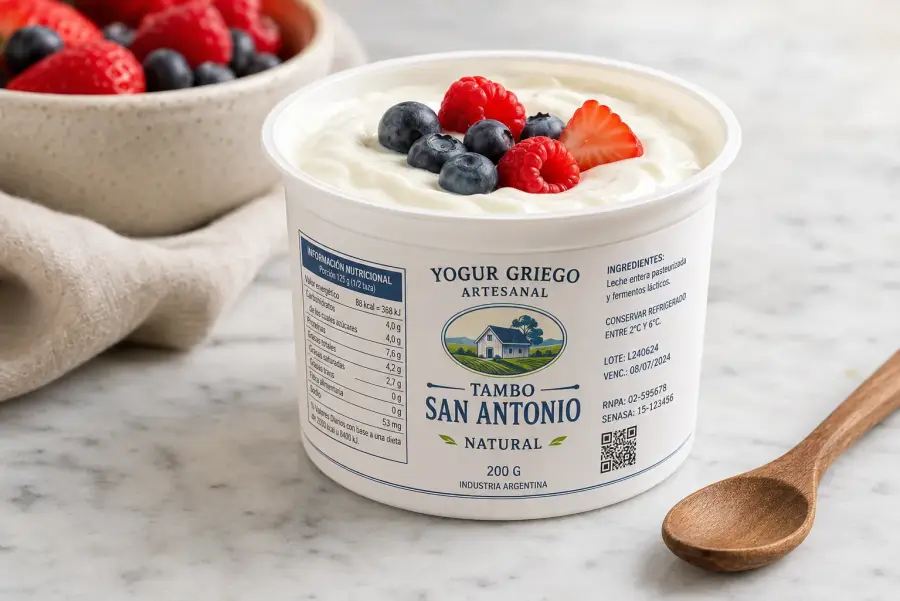 Pote de yogur griego artesanal Tambo San Antonio 200g con etiqueta envolvente