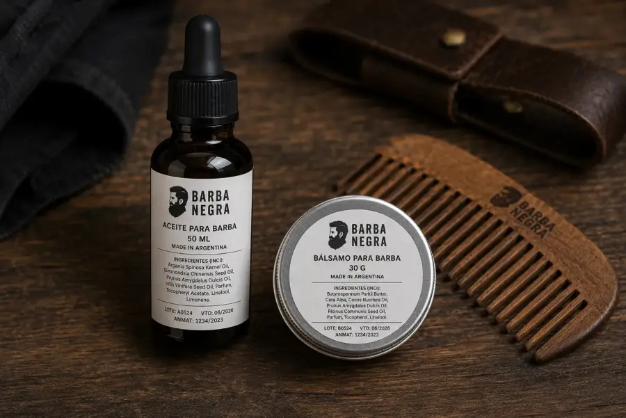 Barba Negra aceite y bálsamo para barba con etiqueta masculina sobre fondo de madera oscura