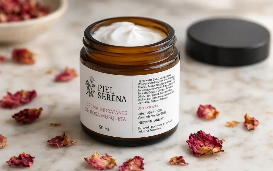 Frasco ámbar de crema Piel Serena hidratante de rosa mosqueta 50ml con etiqueta INCI y ANMAT