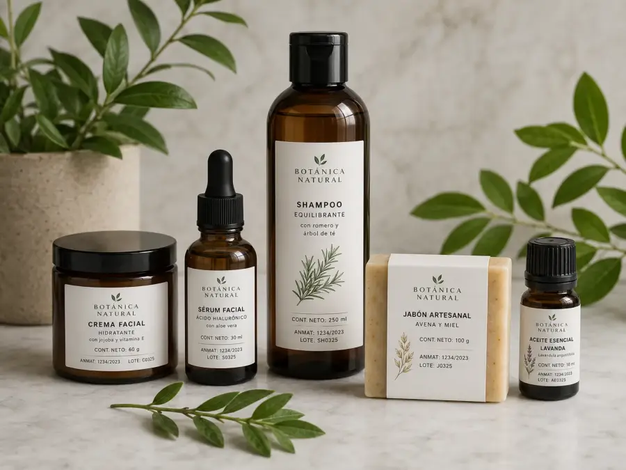 Cosmética artesanal Botánica Natural — crema, serum, shampoo, jabón y aceite esencial con etiquetas autoadhesivas