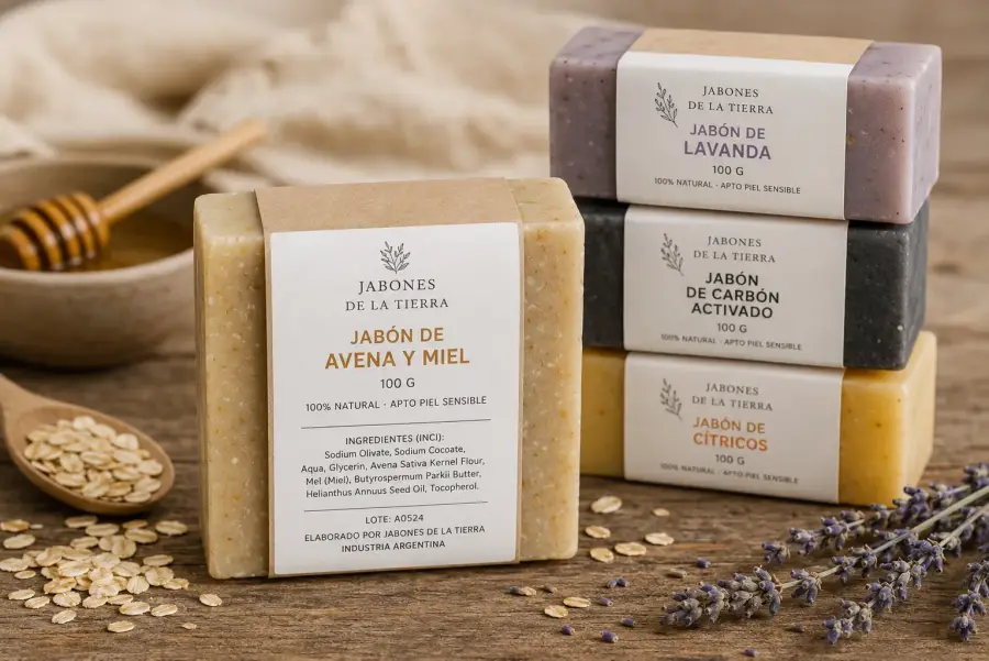 Jabones artesanales Jabones de la Tierra — avena y miel, lavanda, carbón activado y cítricos