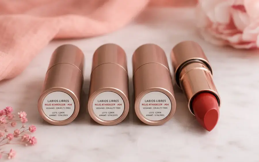 Labios Libres lipsticks veganos cruelty free en tubos rose gold mate sobre mármol