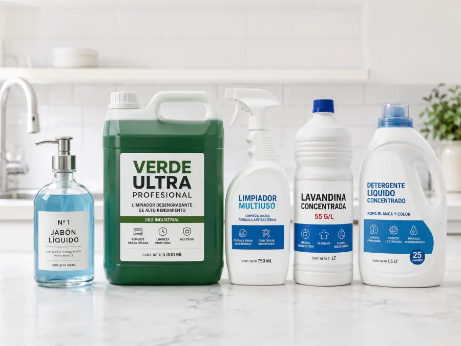 Surtido de productos de limpieza — jabón líquido, multiuso Verde Ultra, lavandina y detergente con etiquetas autoadhesivas