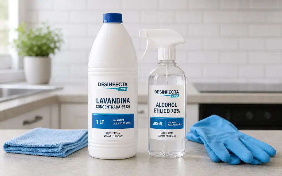 Desinfecta Pro lavandina concentrada 55 g/L 1L y alcohol etílico 70% 500ml con gloves