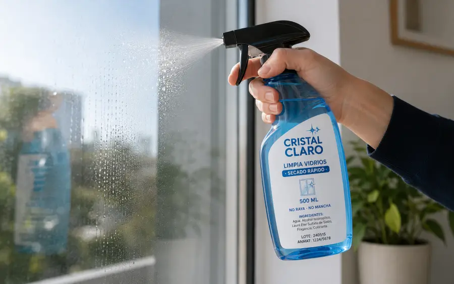 Cristal Claro limpia vidrios secado rápido spray azul siendo aplicado en ventana