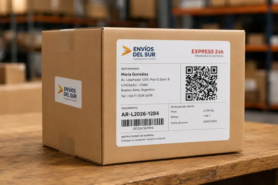 Caja de envío Envíos del Sur con etiqueta de envío QR código de barras tracking AR-L2026-1284 Express 24h