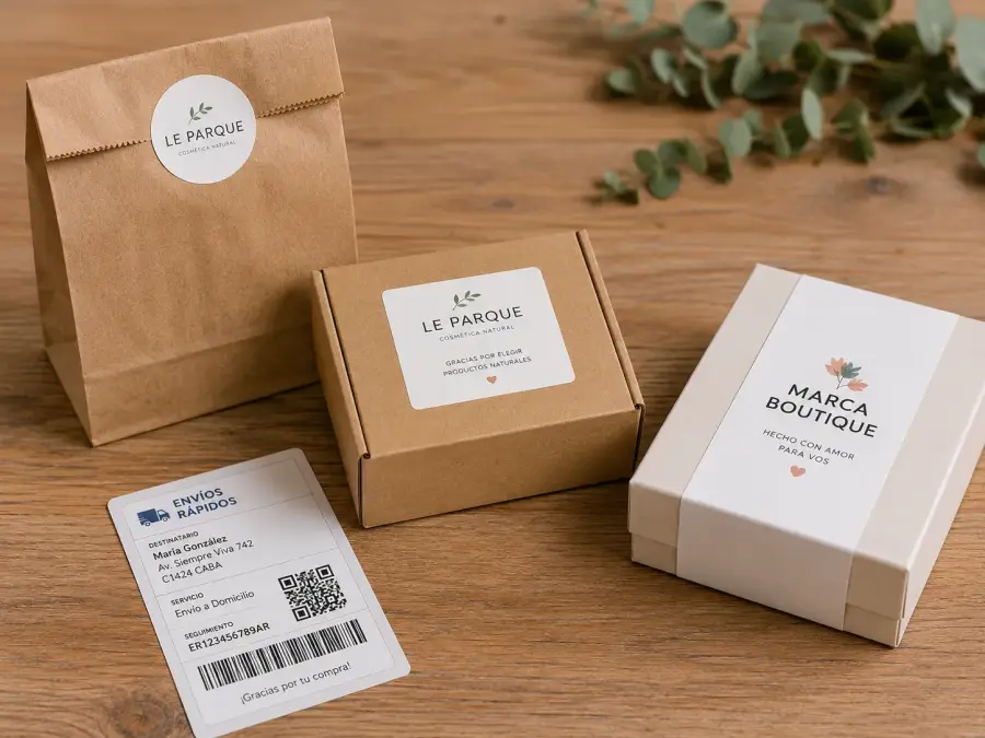 Surtido de packaging artesanal — bolsa Le Parque, caja Marca Boutique y etiqueta de envío con QR
