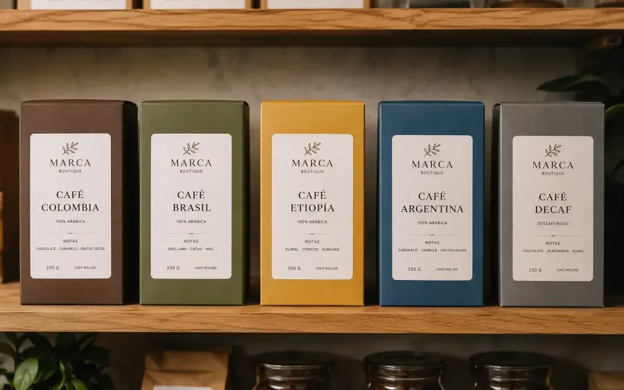 Línea Marca Boutique 5 cajas de café Colombia Brasil Etiopía Argentina Decaf con etiquetas idénticas