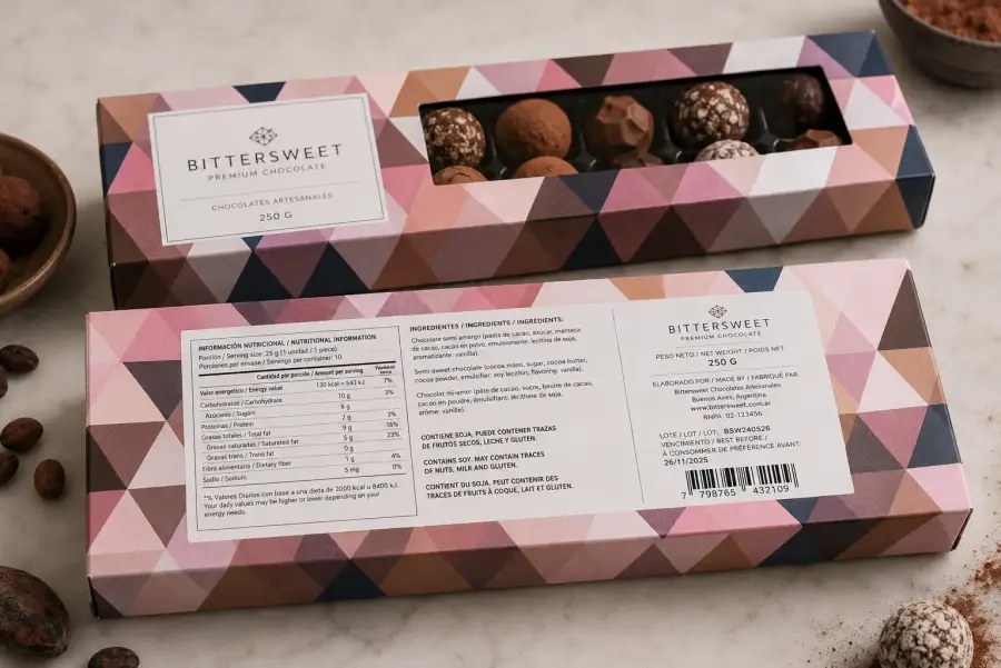 Bittersweet Premium Chocolate cajas con patrón geométrico y back label nutricional 250g