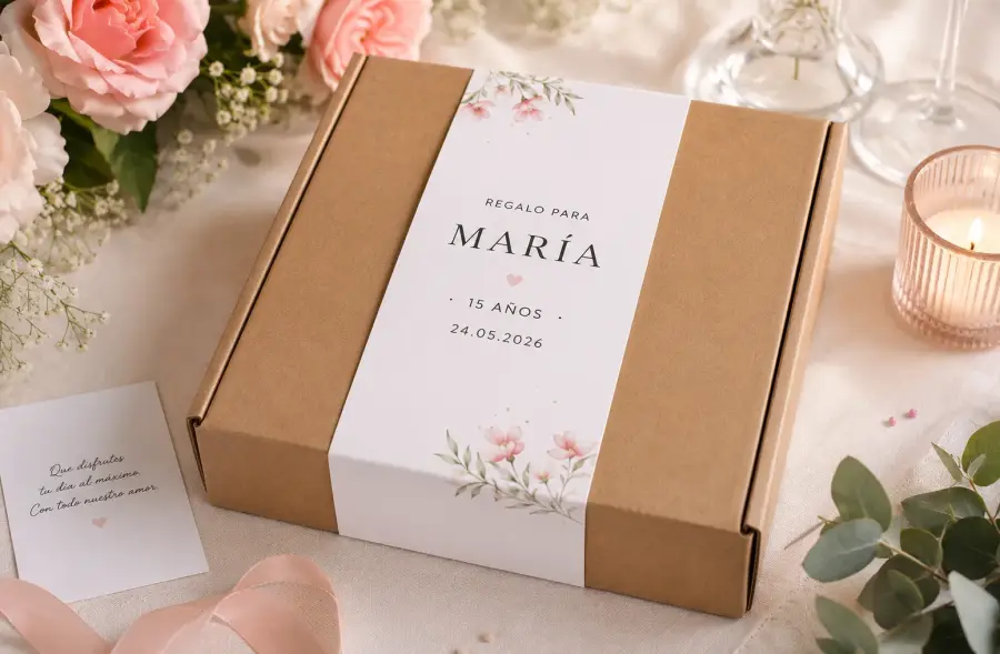 Caja kraft con etiqueta personalizada Regalo para María 15 años 24.05.2026