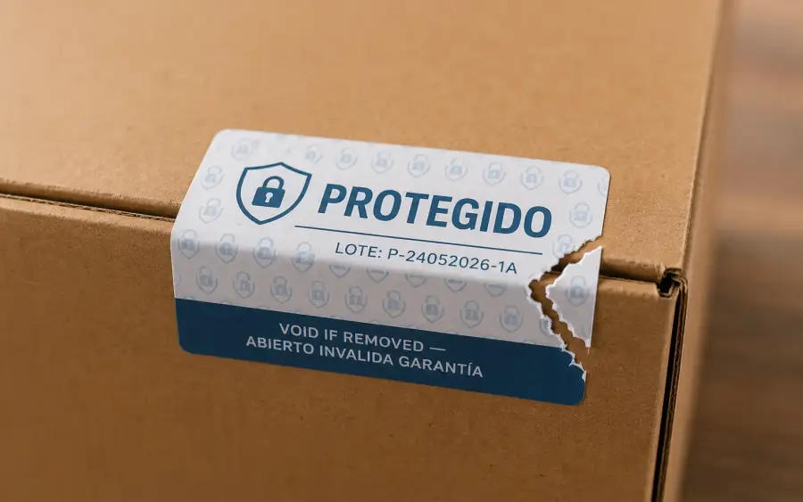 Sello tamper-evident PROTEGIDO en caja de cartón con sello roto VOID IF REMOVED