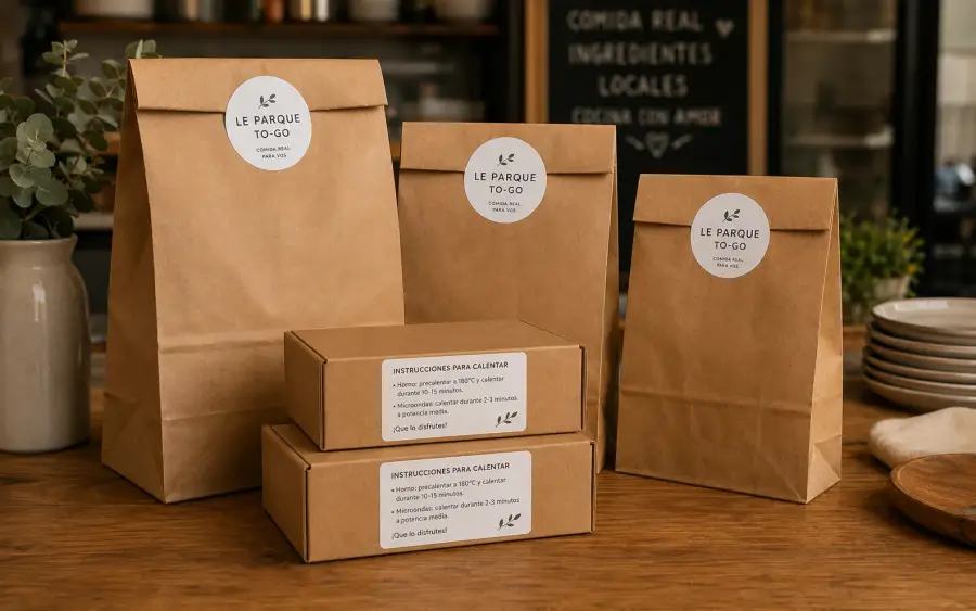 Bolsas kraft y cajas Le Parque To-Go con stickers e instrucciones de calentar