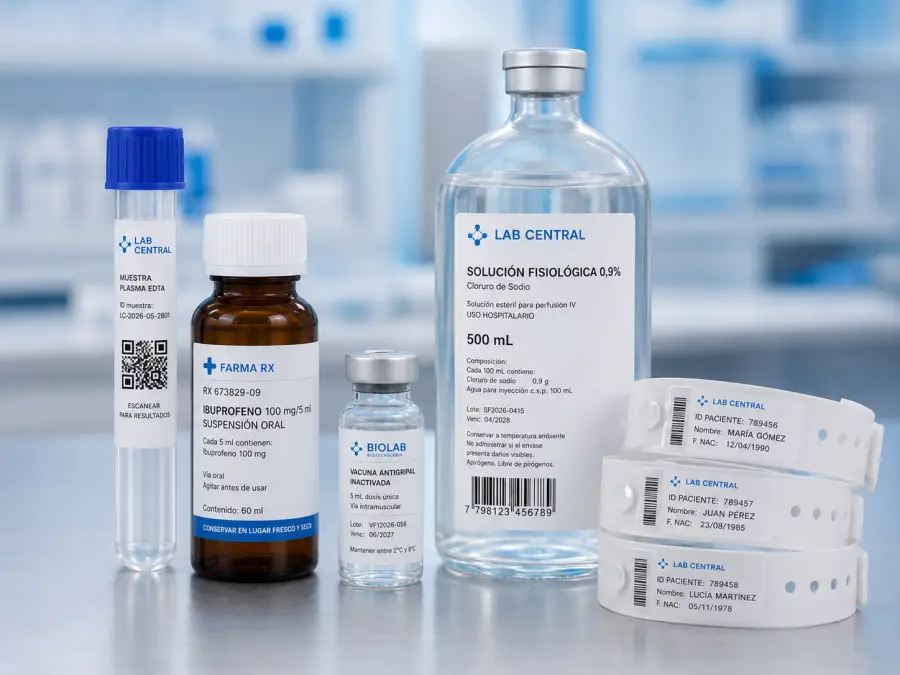 Surtido de productos de laboratorio y farmacia — tubo de muestra, medicación, vacuna, suero y pulseras de identificación