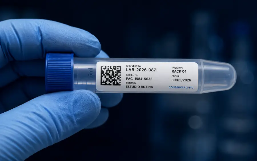 Tubo de muestra de laboratorio LAB-2026-0871 con etiqueta autoadhesiva y datamatrix sostenido por mano enguantada
