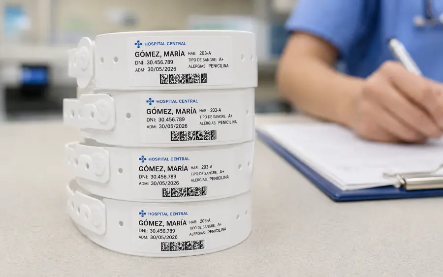 Pulseras Hospital Central paciente GÓMEZ MARÍA con stickers autoadhesivos visibles pegados encima