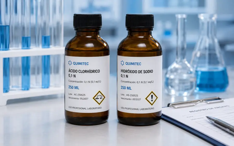 Reactivos químicos Quimitec ácido clorhídrico e hidróxido de sodio 250ml con pictogramas GHS