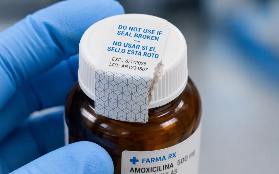 Frasco Farma RX Amoxicilina 500mg con sello tamper-evident NO USAR SI EL SELLO ESTÁ ROTO
