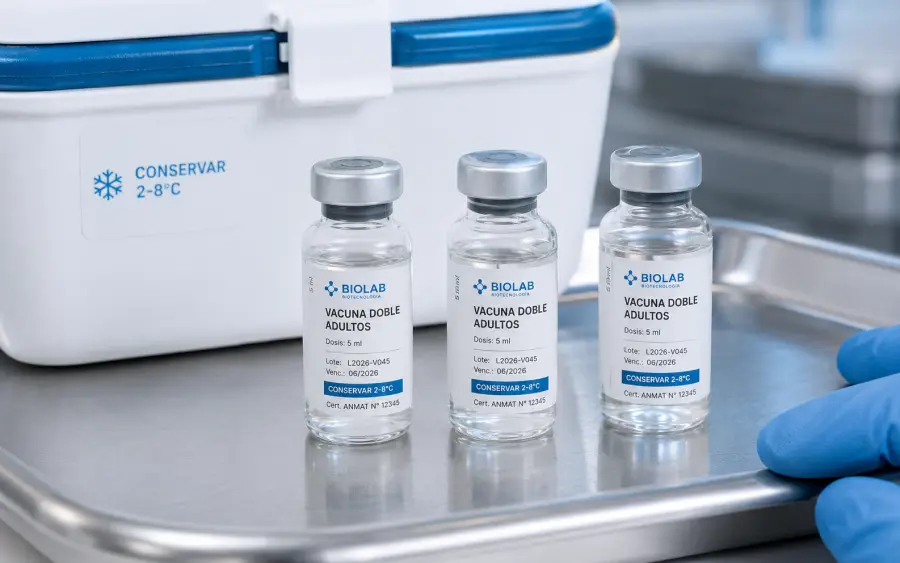Tres viales Biolab Vacuna Doble Adultos con etiqueta Conservar 2-8°C en cooler refrigerado