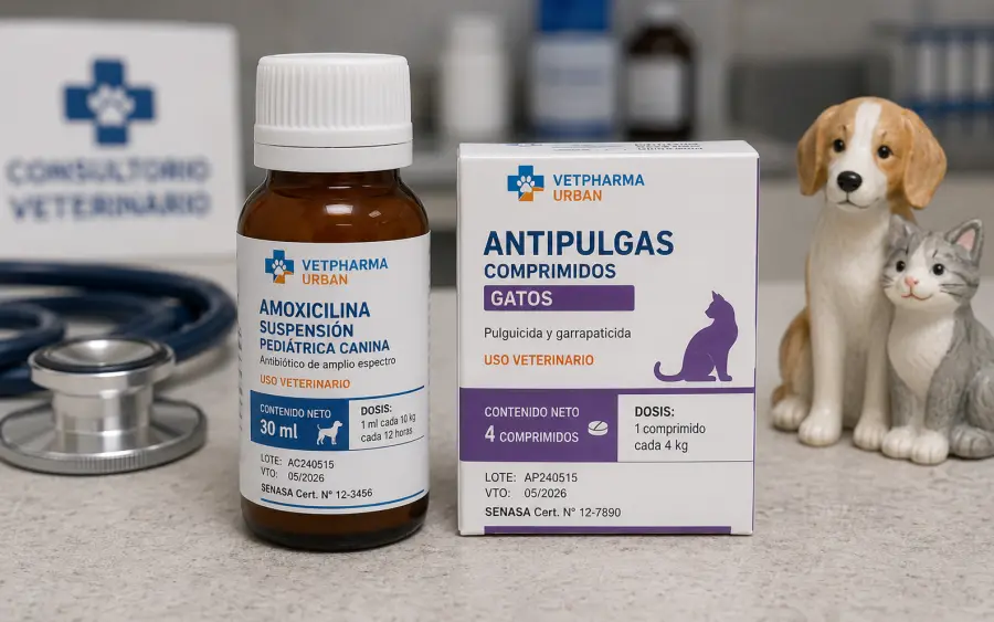 Vetpharma Urban Amoxicilina canina suspensión 30ml y Antipulgas comprimidos gatos con registro SENASA