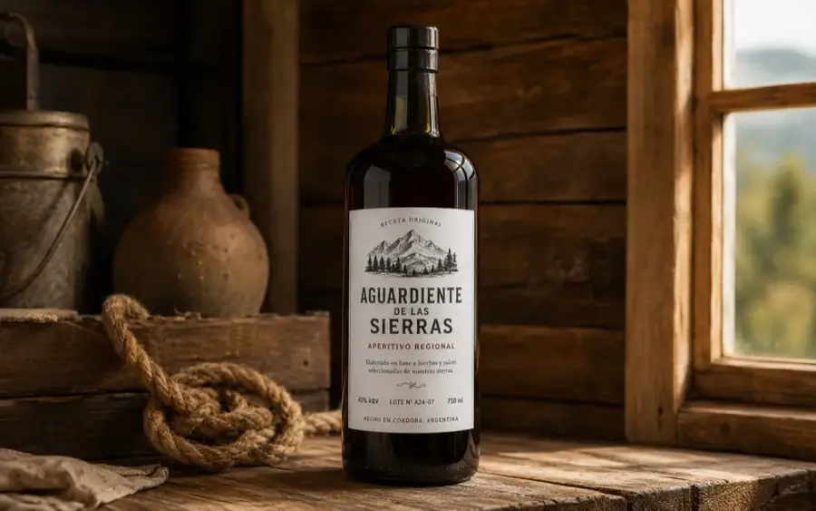 Botella Aguardiente de Las Sierras estilo Fernet con etiqueta autoadhesiva rústica