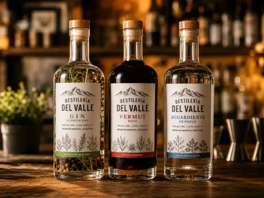 Botellas de gin, vermut y aguardiente artesanal Destilería del Valle con etiquetas autoadhesivas
