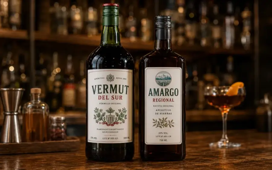 Botellas Vermut del Sur y Amargo Regional con etiquetas autoadhesivas estilo italiano