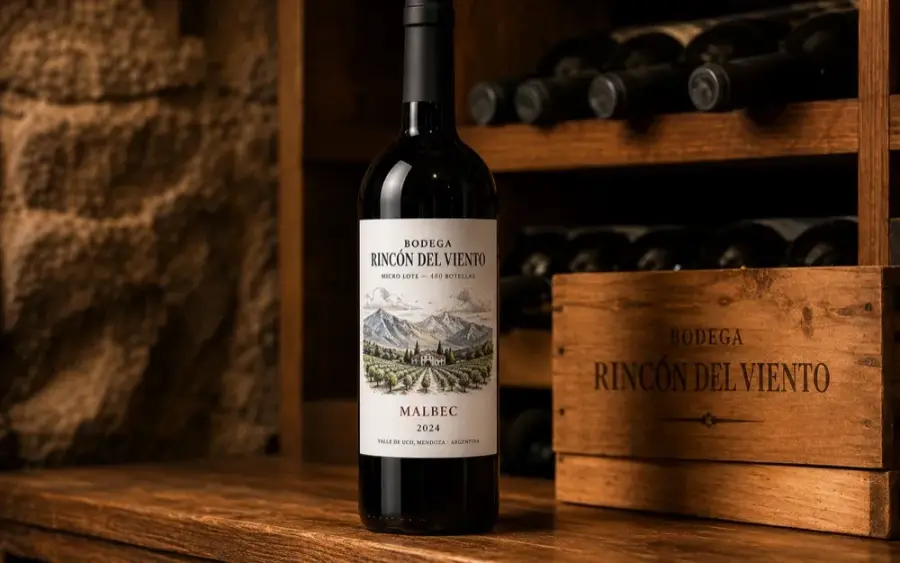 Botella Bodega Rincón del Viento Malbec micro-lote con etiqueta artesanal ilustrada