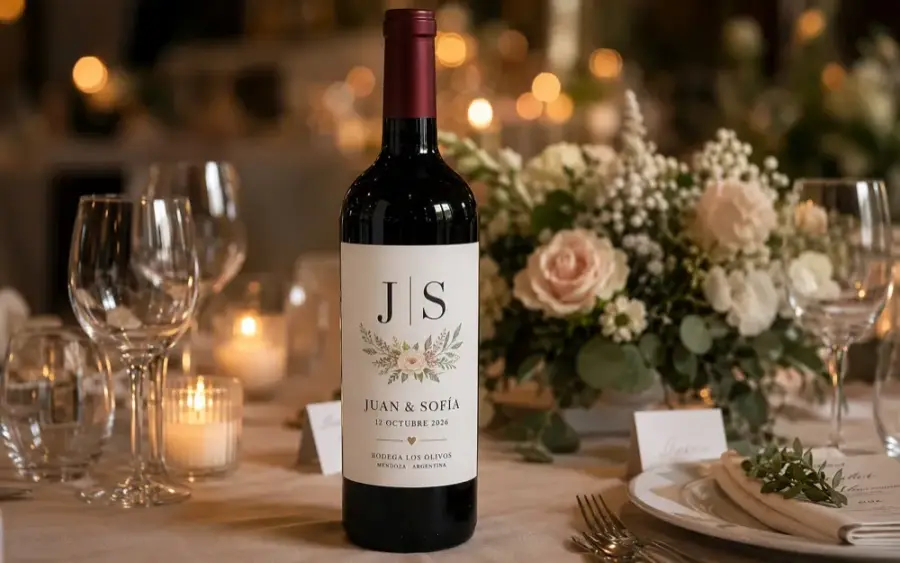 Botella de vino tinto con etiqueta personalizada de casamiento JUAN & SOFÍA 12 OCTUBRE 2026 sobre mesa de boda