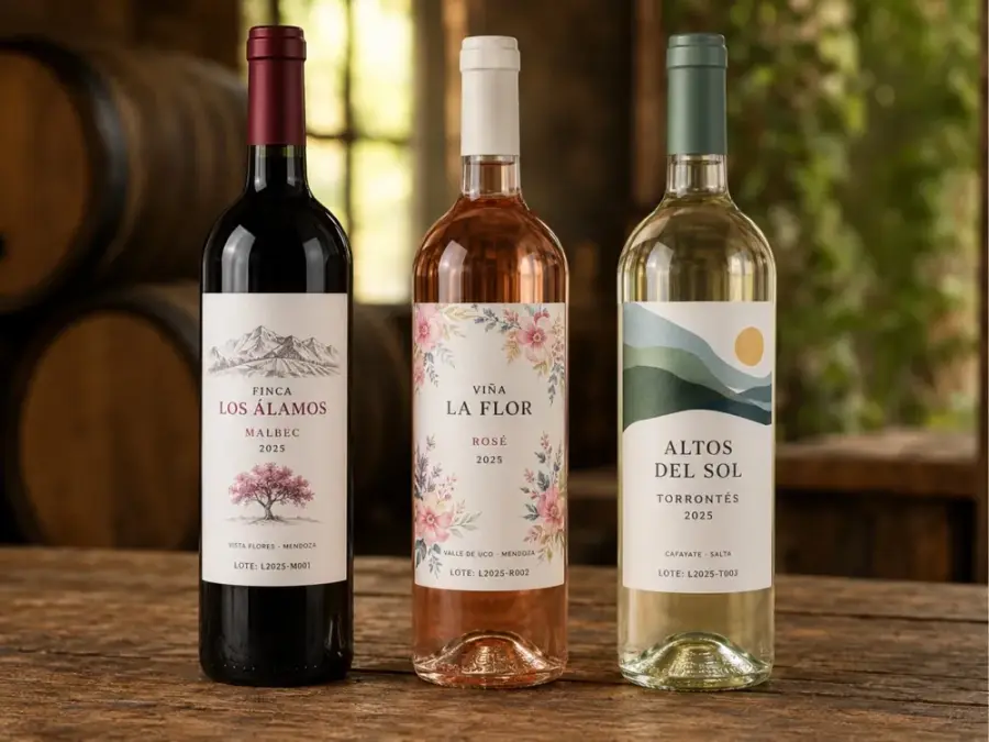 Tres botellas de vino boutique argentino con etiquetas autoadhesivas personalizadas — Malbec, Rosé y Torrontés