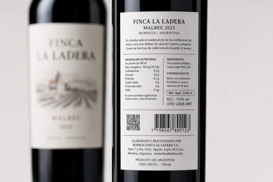 Back label de vino Finca La Ladera con información nutricional, código INV, lote, QR y código de barras